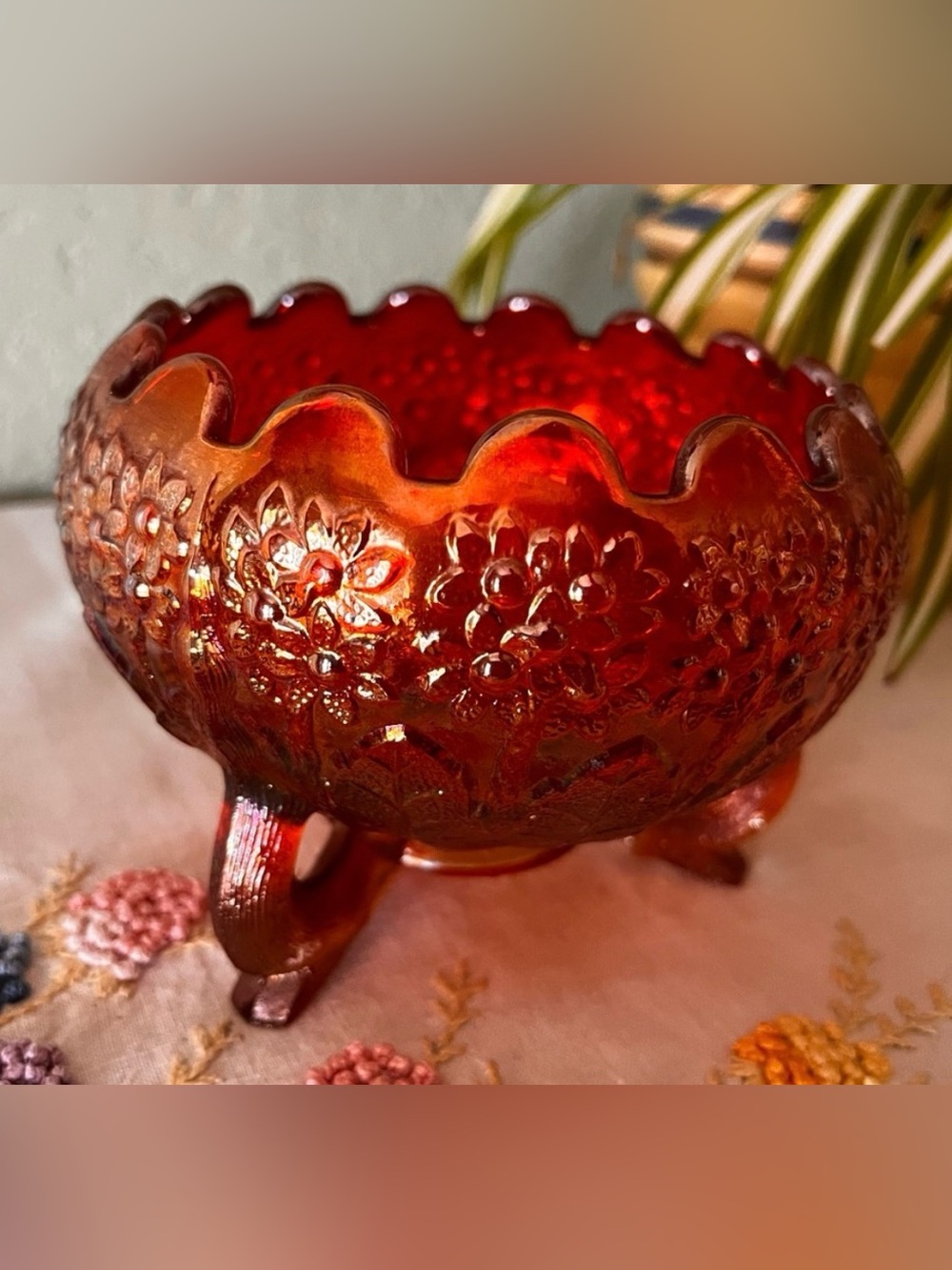 Vintage Fenton Orange Tree Marigold Carnival Glass Footed Bowl 6” Marked